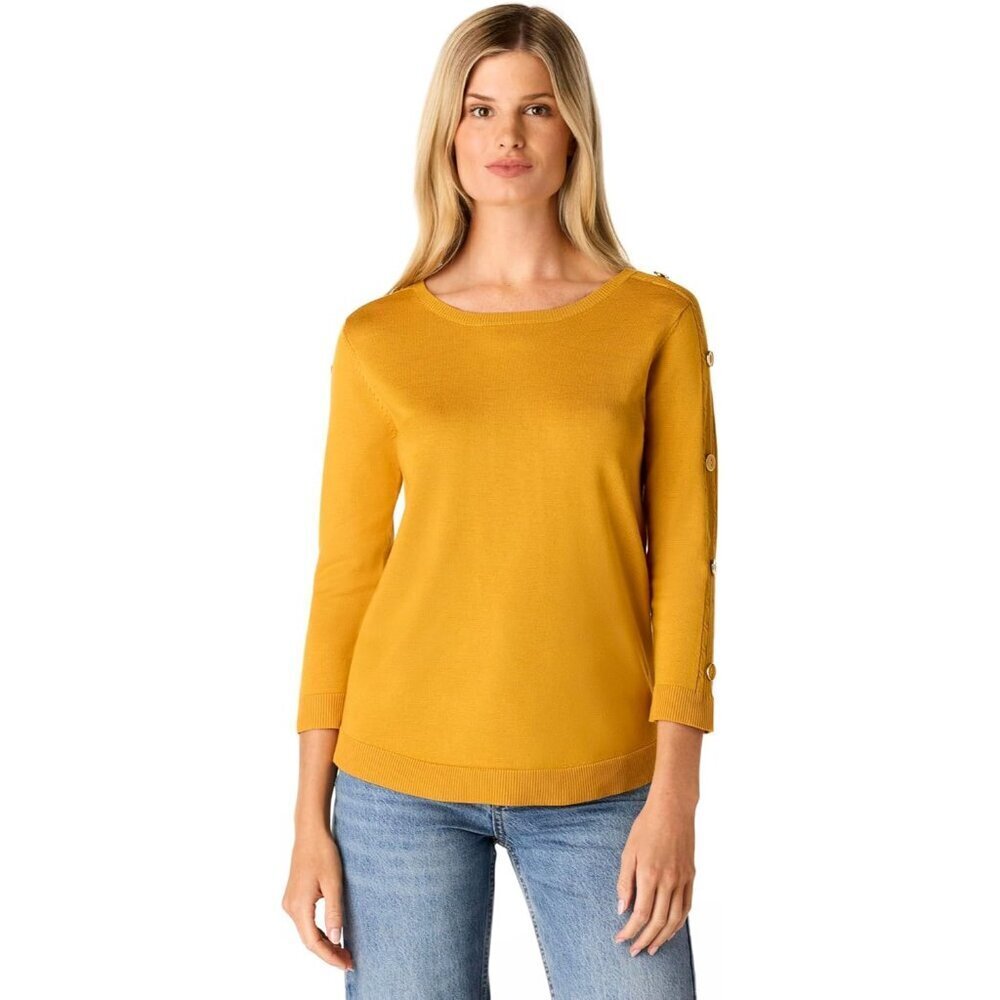 Women's Rayon Polyester Sweater X-Small Chic Casual Crew Neck Button Hem